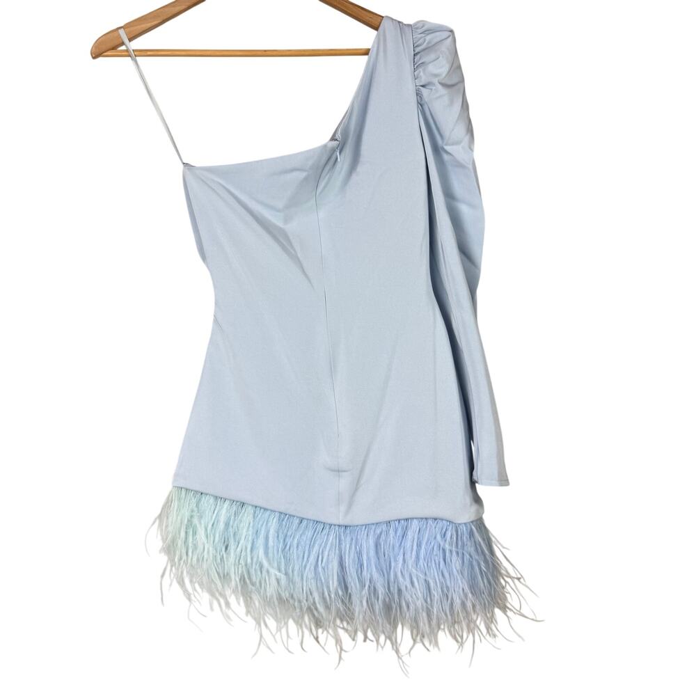 Mac Duggal NWT Feather Trim One Shoulder Draped Mini Dress Powder Blue Size 8 - Picture 4 of 10